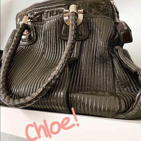 CHLOE Large OLIVE HELOISE green patent leather with silver hardware quilted bag - Picture 2 of 9